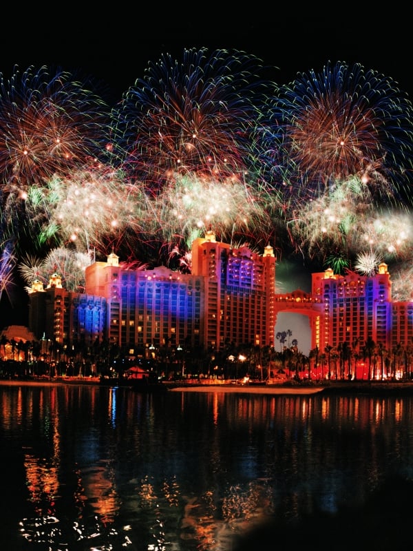 Fireworks light up the night sky over the Royal Towers at Atlantis, Bahamas. 
