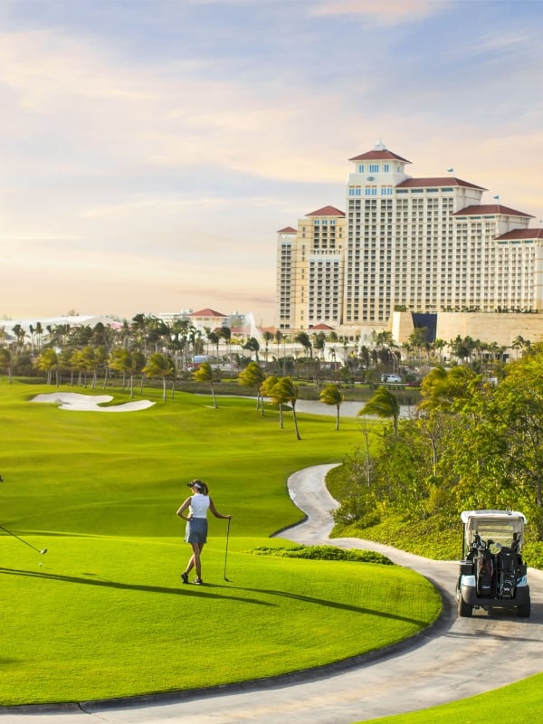 A couple tees of at the Royal Blue Golf Course in Nassau, Bahamas.