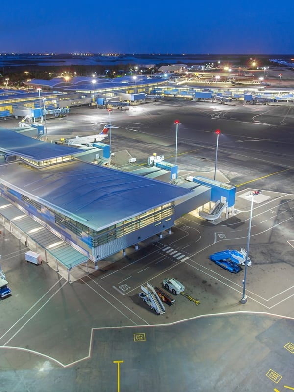 Aerial shot of an airport at night.