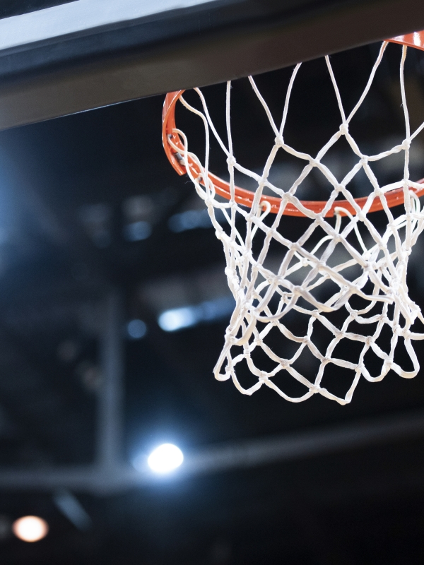 A basketball hoop shown from behind