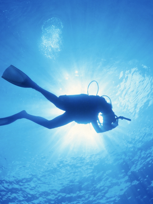 Silhouette of a scuba diver in turquoise water. 