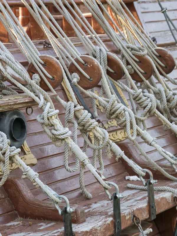 Ropes and cannons on a replica pirate ship. 