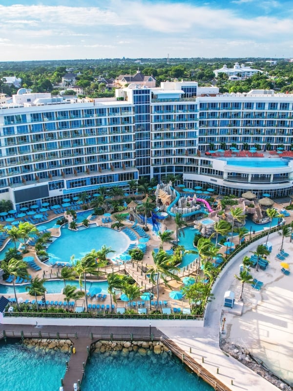 An aerial view of a dockside hotel and waterpark