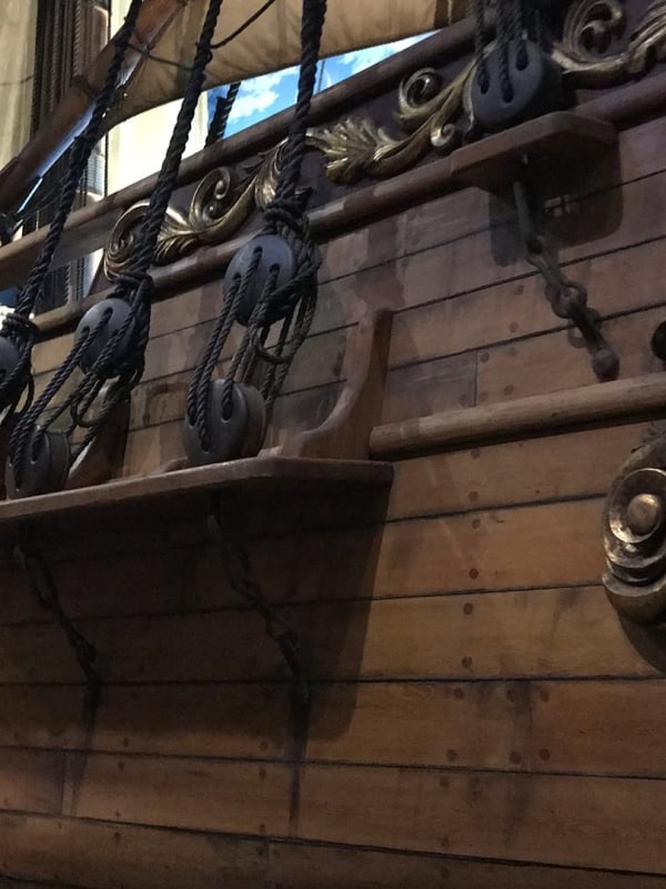 Close up of a pirate ship in a museum.