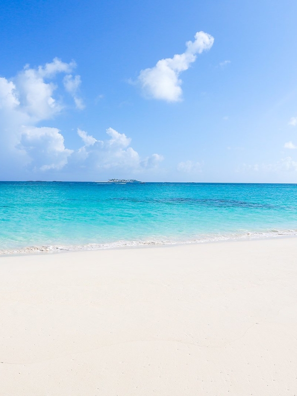 A white sand beach contrasts beautiful turquoise waters.