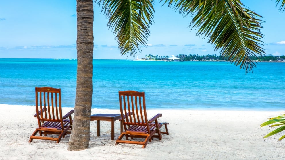 Beach chairs on Jaws Beach in Nassau Paradise Island